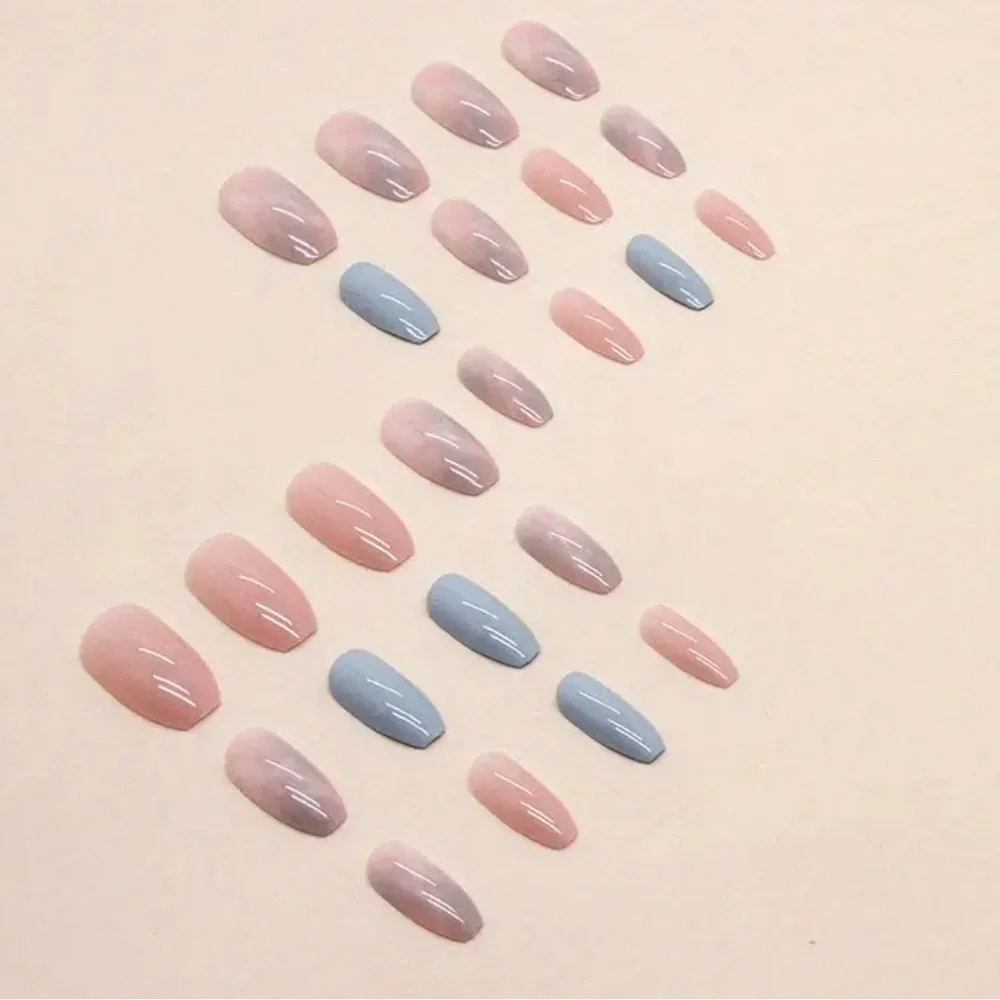 ✨Press-on nails nails artificial with Adhesive Almond 24pcs Blue Summer Wear ✨